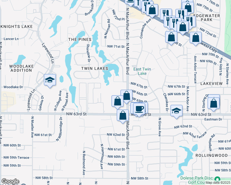 map of restaurants, bars, coffee shops, grocery stores, and more near 6601 North Macarthur Boulevard in Oklahoma City