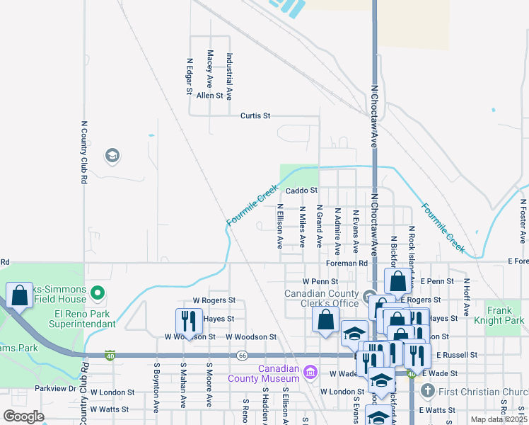 map of restaurants, bars, coffee shops, grocery stores, and more near 801 North Willie L Miner Avenue in El Reno