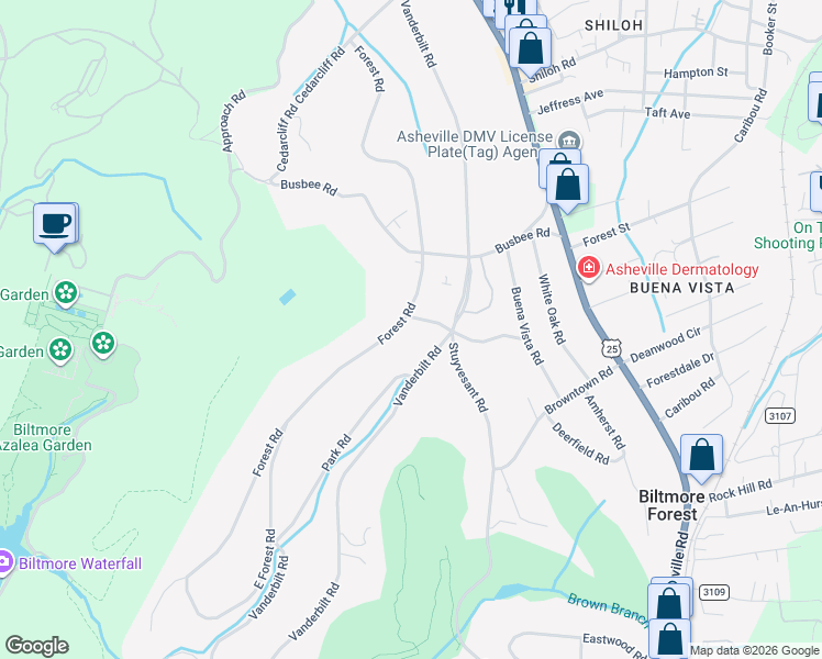 map of restaurants, bars, coffee shops, grocery stores, and more near 12 Lone Pine Road in Biltmore Forest