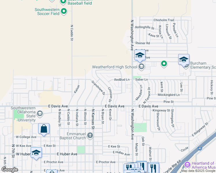 map of restaurants, bars, coffee shops, grocery stores, and more near 1319 Crimson Drive in Weatherford