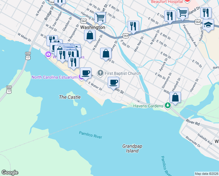 map of restaurants, bars, coffee shops, grocery stores, and more near 432 East Main Street in Washington