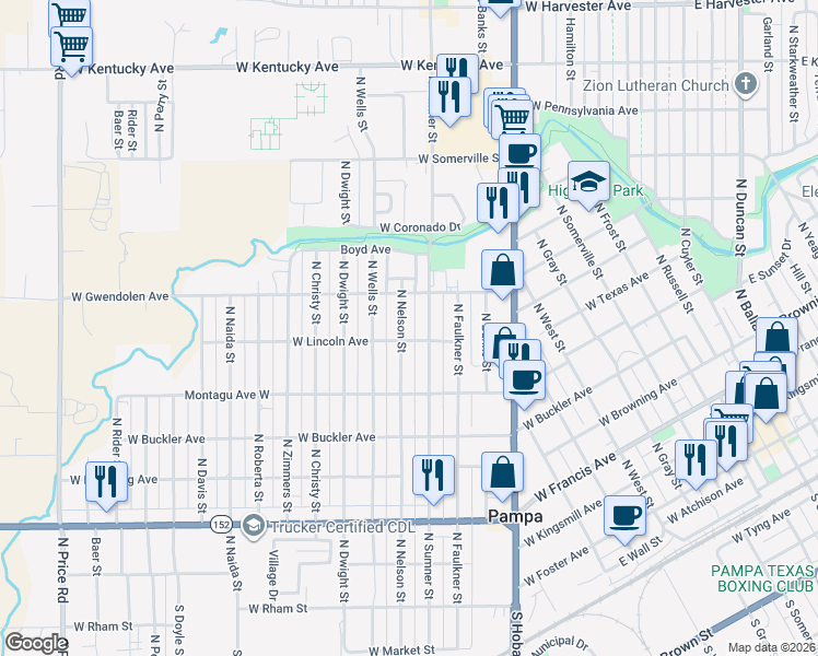 map of restaurants, bars, coffee shops, grocery stores, and more near 701-799 North Sumner Street in Pampa