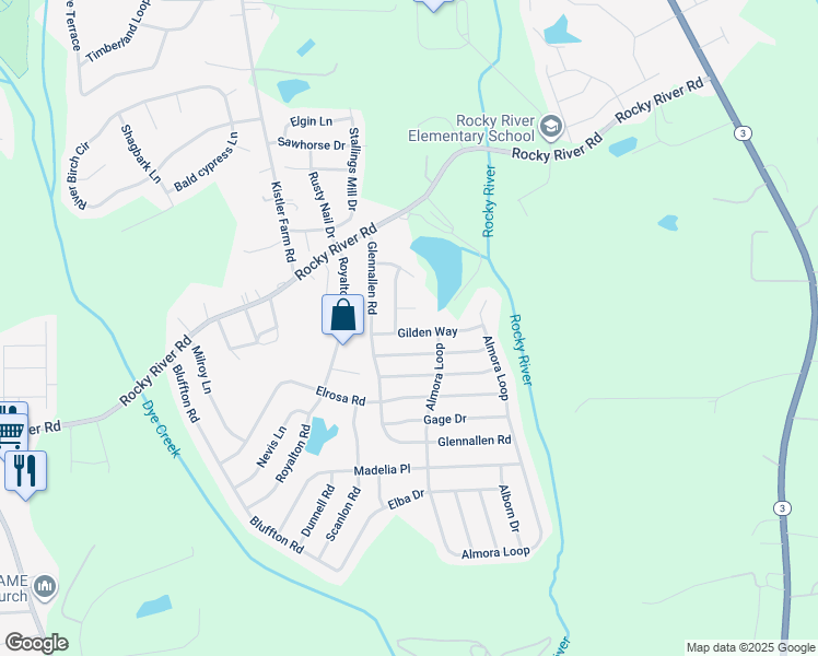 map of restaurants, bars, coffee shops, grocery stores, and more near 123 Gilden Way in Mooresville