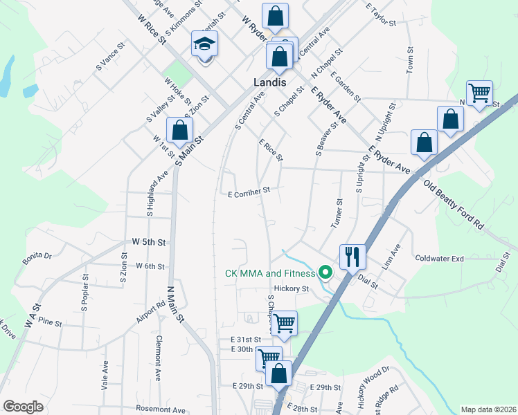 map of restaurants, bars, coffee shops, grocery stores, and more near 610 South Chapel Street in Landis