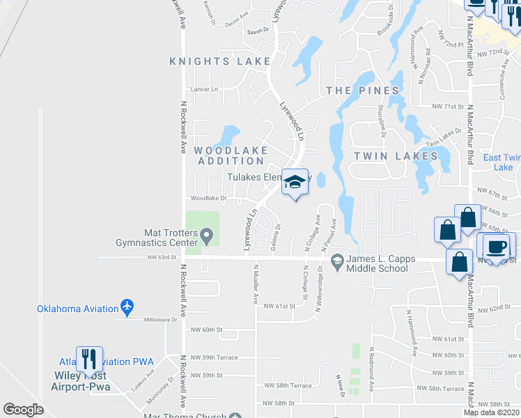 map of restaurants, bars, coffee shops, grocery stores, and more near 6519 Galaxie Terrace in Oklahoma City