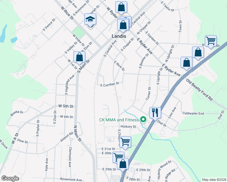 map of restaurants, bars, coffee shops, grocery stores, and more near 610 South Chapel Street in Landis