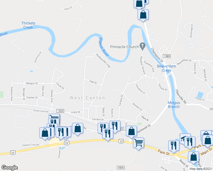 map of restaurants, bars, coffee shops, grocery stores, and more near 344 Phillipsville Loop in Canton