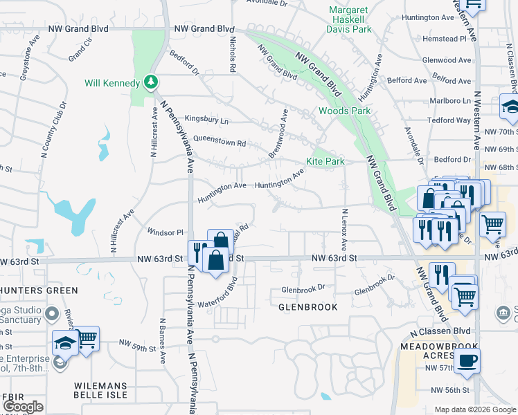 map of restaurants, bars, coffee shops, grocery stores, and more near 1703 Randel Road in Nichols Hills