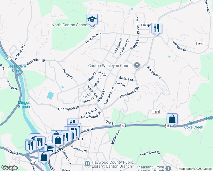 map of restaurants, bars, coffee shops, grocery stores, and more near 62 North Main Street in Canton