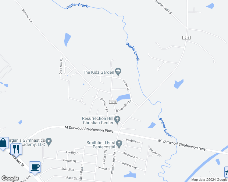 map of restaurants, bars, coffee shops, grocery stores, and more near 100 Laurelwood Drive in Smithfield