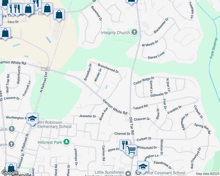 map of restaurants, bars, coffee shops, grocery stores, and more near 557 Milton Drive in Winterville