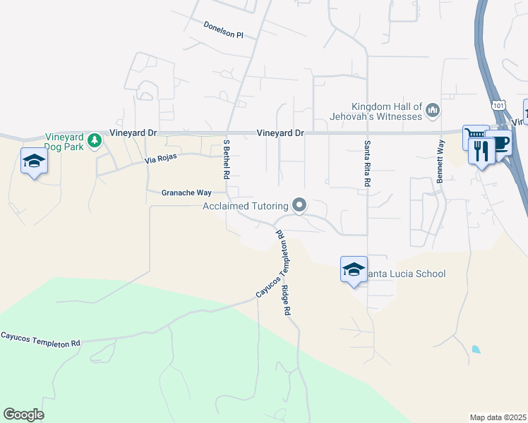 map of restaurants, bars, coffee shops, grocery stores, and more near 1350 Santa Rita Road in Templeton