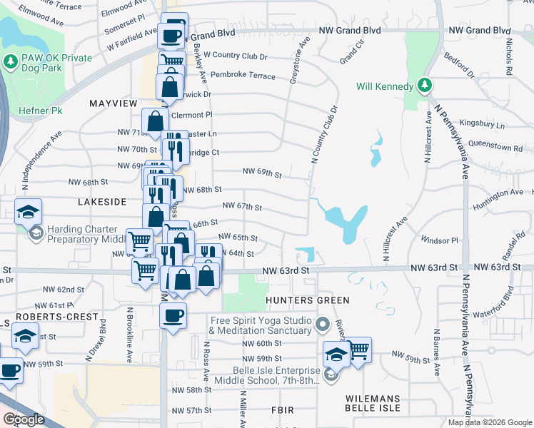 map of restaurants, bars, coffee shops, grocery stores, and more near 2618 Northwest 67th Street in Oklahoma City