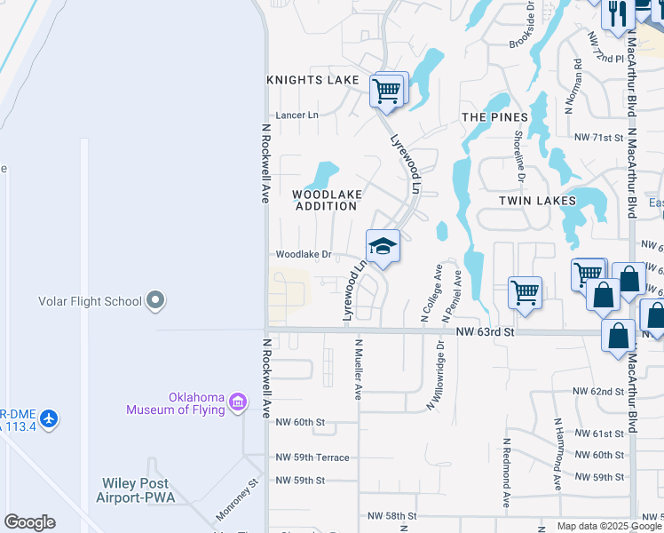map of restaurants, bars, coffee shops, grocery stores, and more near 6832 Woodlake Drive in Oklahoma City