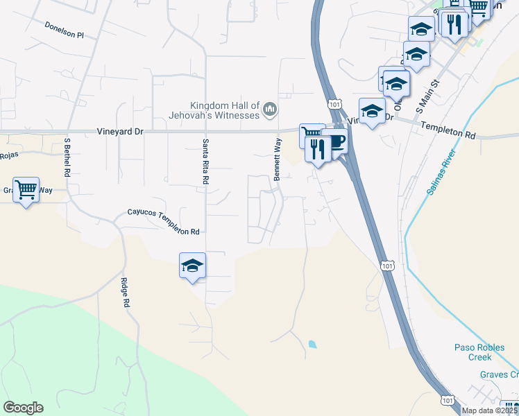 map of restaurants, bars, coffee shops, grocery stores, and more near 1220 Bennett Way in Templeton
