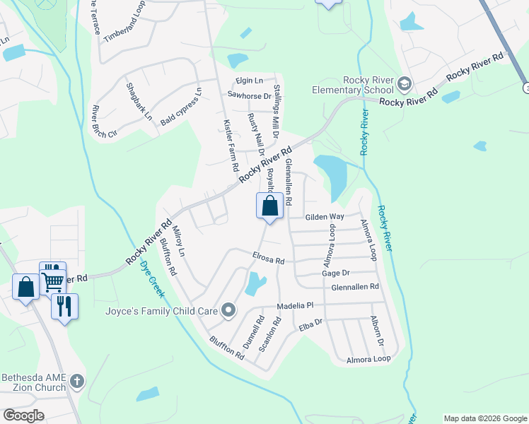 map of restaurants, bars, coffee shops, grocery stores, and more near 150 Royalton Road in Mooresville