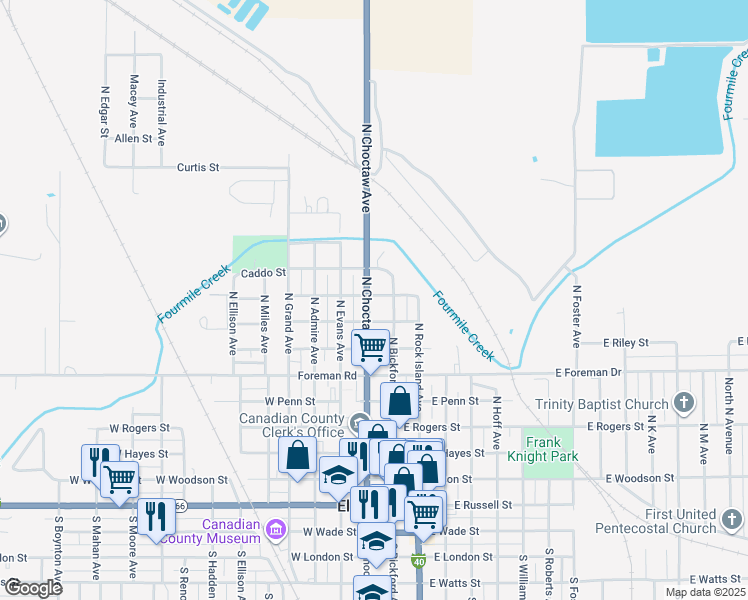 map of restaurants, bars, coffee shops, grocery stores, and more near 720 North Choctaw Avenue in El Reno