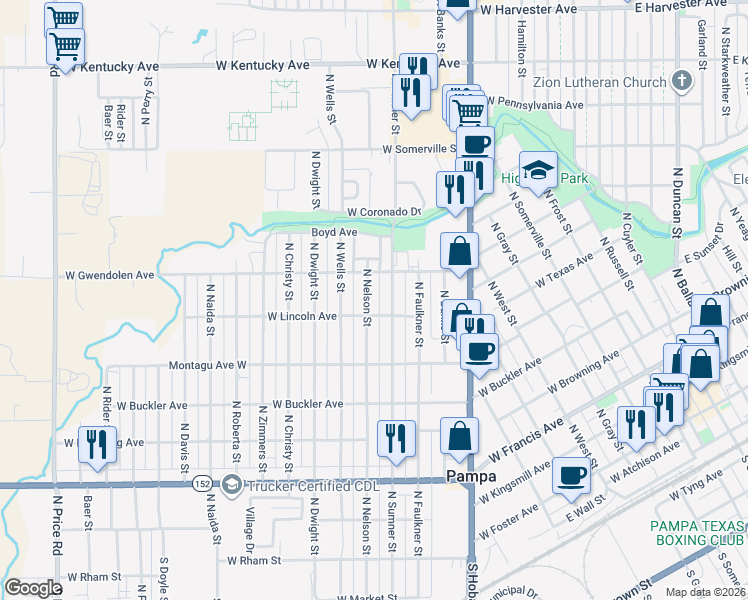 map of restaurants, bars, coffee shops, grocery stores, and more near 701-799 North Sumner Street in Pampa