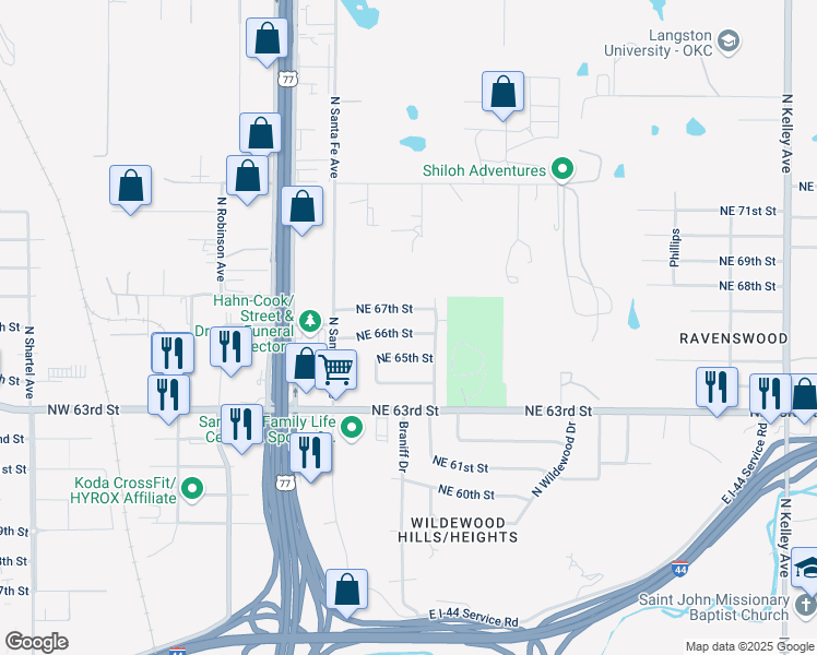 map of restaurants, bars, coffee shops, grocery stores, and more near 37 Northeast 66th Street in Oklahoma City