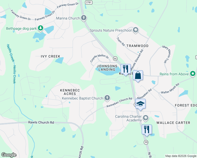 map of restaurants, bars, coffee shops, grocery stores, and more near 8040 Crookneck Drive in Angier