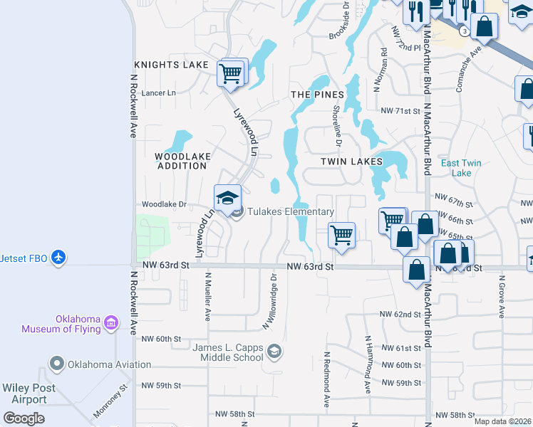 map of restaurants, bars, coffee shops, grocery stores, and more near 6453 North College Avenue in Oklahoma City