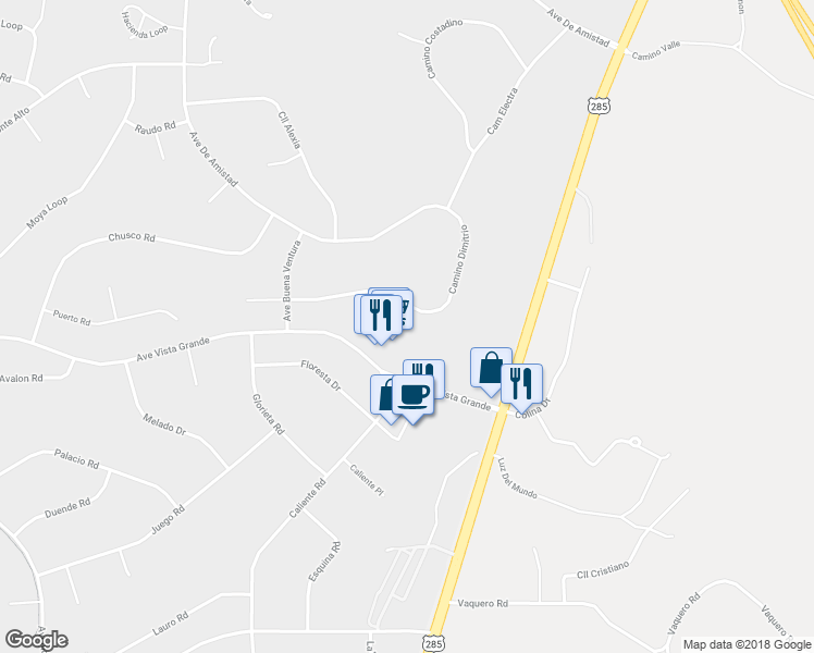 map of restaurants, bars, coffee shops, grocery stores, and more near 30 Camino Dimitrio in Santa Fe