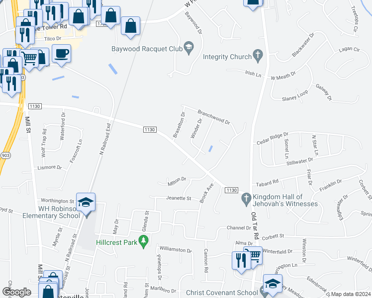 map of restaurants, bars, coffee shops, grocery stores, and more near 439 Vernon White Road in Winterville