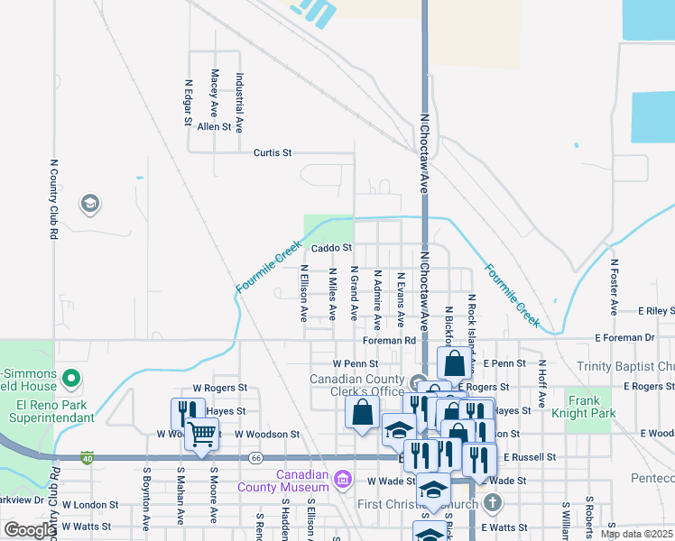 map of restaurants, bars, coffee shops, grocery stores, and more near 720 N Miles Ave in El Reno