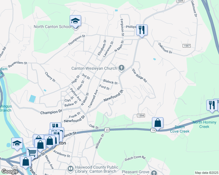map of restaurants, bars, coffee shops, grocery stores, and more near 129 Ford Street in Canton