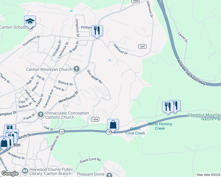 map of restaurants, bars, coffee shops, grocery stores, and more near 95 Spotted Horse Trail in Canton