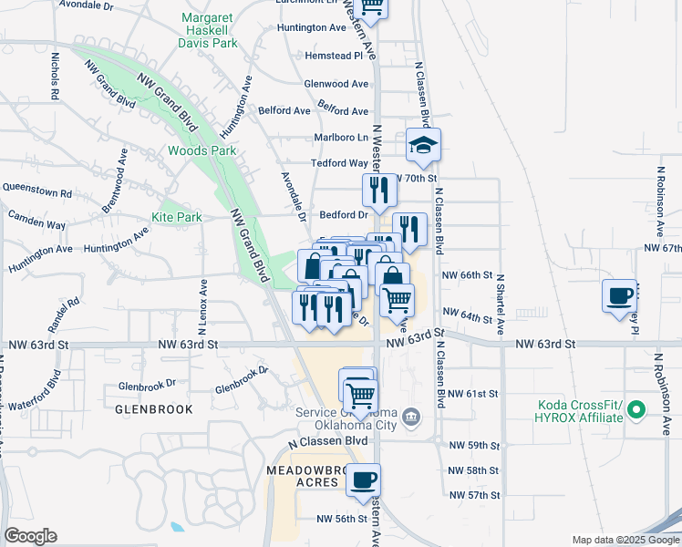 map of restaurants, bars, coffee shops, grocery stores, and more near 1114 Cumberland Drive in Nichols Hills
