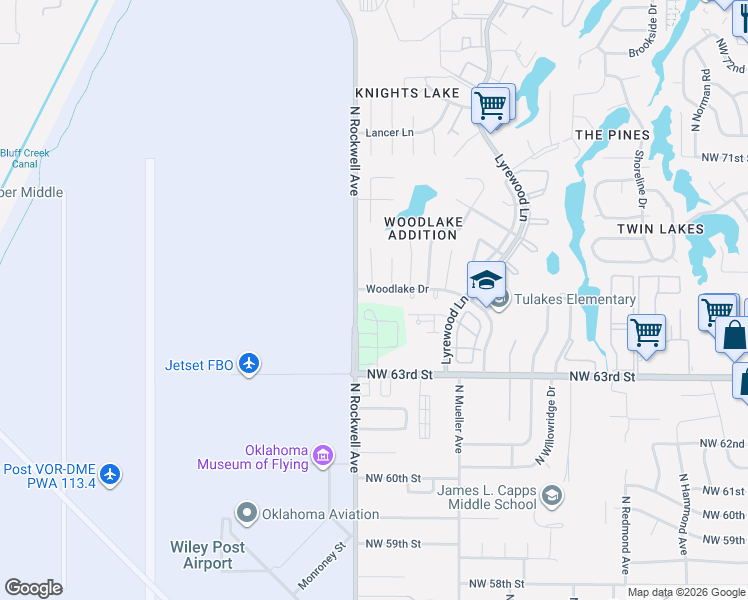 map of restaurants, bars, coffee shops, grocery stores, and more near 7026 Woodlake Drive in Oklahoma City