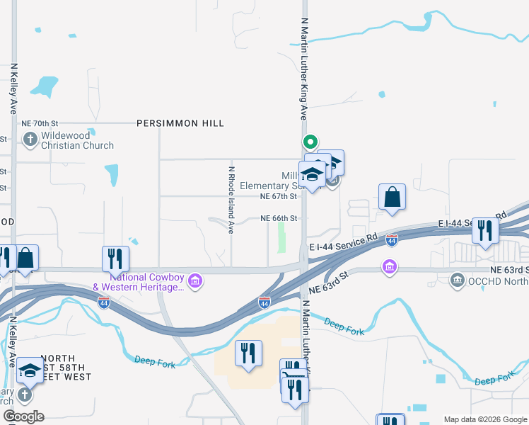 map of restaurants, bars, coffee shops, grocery stores, and more near 1821 Northeast 66th Street in Oklahoma City