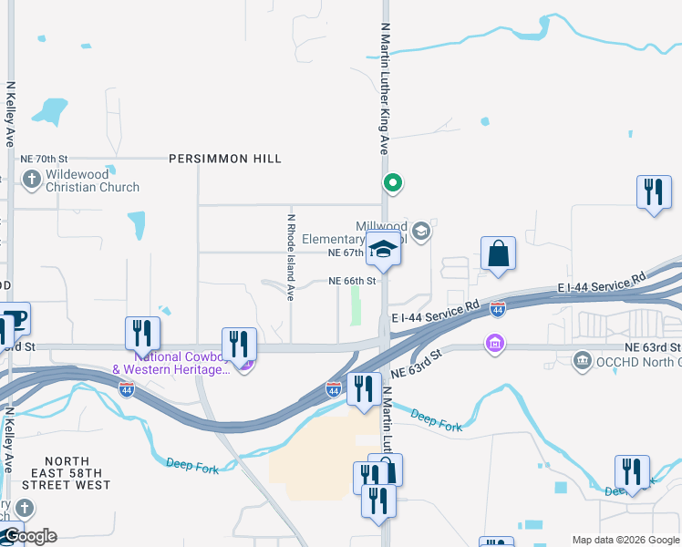 map of restaurants, bars, coffee shops, grocery stores, and more near 1821 Northeast 66th Street in Oklahoma City