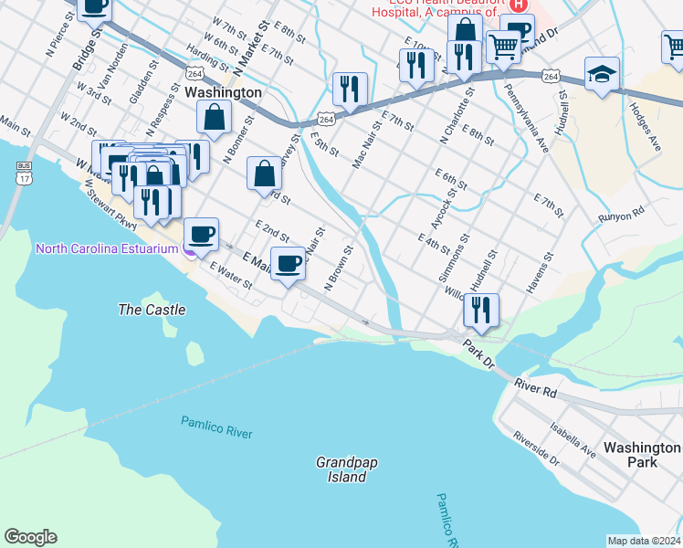 map of restaurants, bars, coffee shops, grocery stores, and more near 601 East 2nd Street in Washington