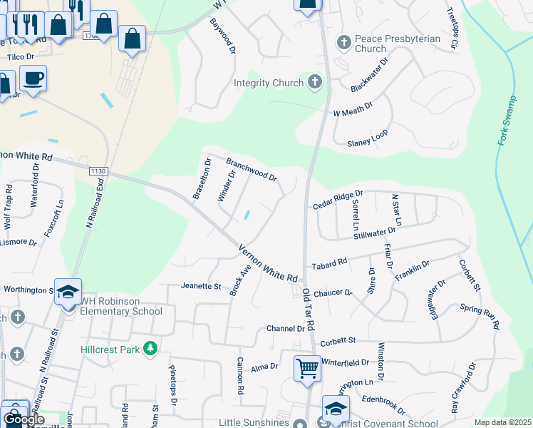 map of restaurants, bars, coffee shops, grocery stores, and more near 557 Milton Drive in Winterville