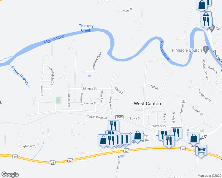 map of restaurants, bars, coffee shops, grocery stores, and more near 213 Dewey Avenue in Canton