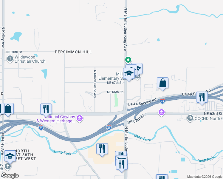 map of restaurants, bars, coffee shops, grocery stores, and more near 1821 Northeast 66th Street in Oklahoma City