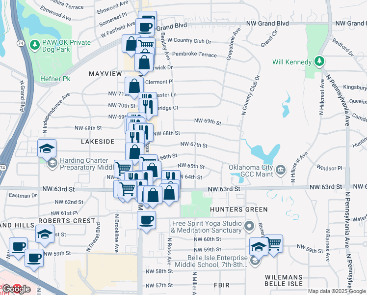 map of restaurants, bars, coffee shops, grocery stores, and more near 2708 Northwest 67th Street in Oklahoma City
