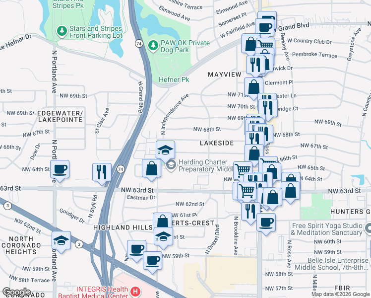 map of restaurants, bars, coffee shops, grocery stores, and more near 3141 Northwest 66th Street in Oklahoma City