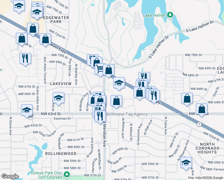 map of restaurants, bars, coffee shops, grocery stores, and more near 6600 North Meridian Avenue in Oklahoma City
