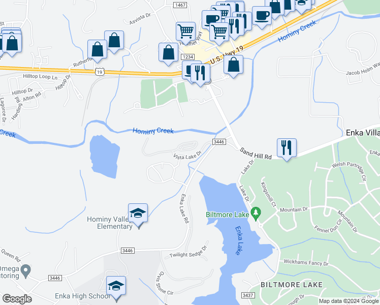 map of restaurants, bars, coffee shops, grocery stores, and more near 200 Vista Lake Drive in Candler