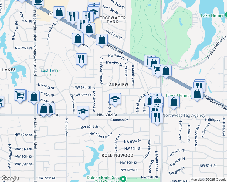 map of restaurants, bars, coffee shops, grocery stores, and more near 4808 Northwest 65th Street in Oklahoma City
