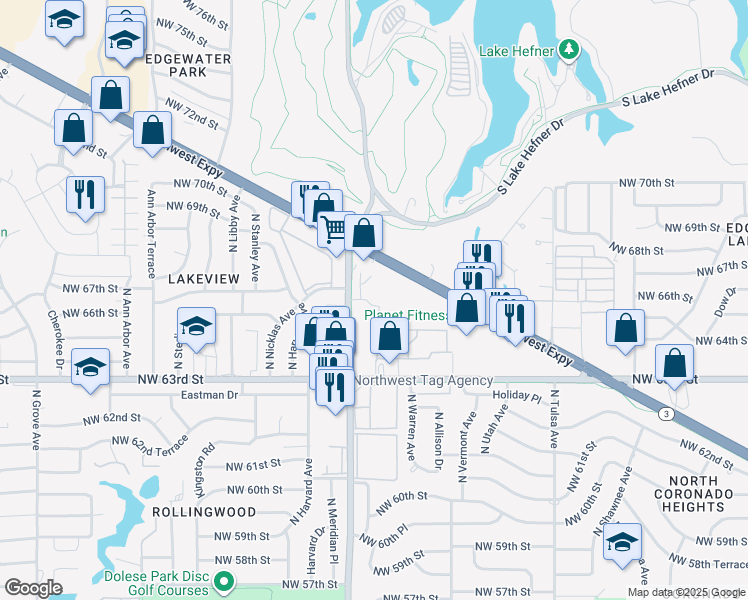 map of restaurants, bars, coffee shops, grocery stores, and more near 6600 North Meridian Avenue in Oklahoma City