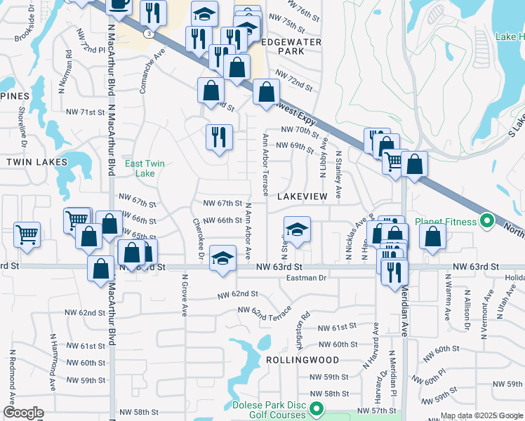 map of restaurants, bars, coffee shops, grocery stores, and more near 6601 North Ann Arbor Terrace in Oklahoma City