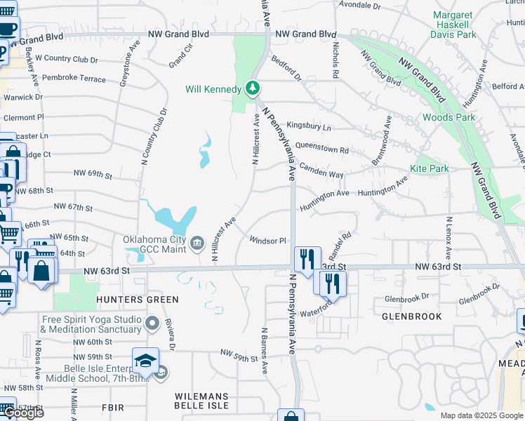 map of restaurants, bars, coffee shops, grocery stores, and more near 1913 Huntington Avenue in Nichols Hills