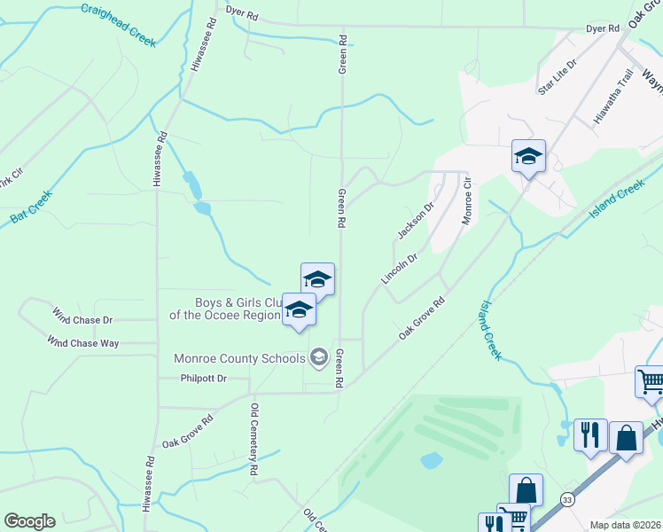 map of restaurants, bars, coffee shops, grocery stores, and more near 1034 Green Road in Madisonville