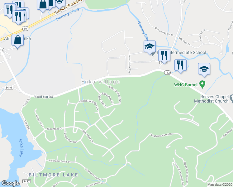 map of restaurants, bars, coffee shops, grocery stores, and more near 29 Enka Orchard Street in Candler