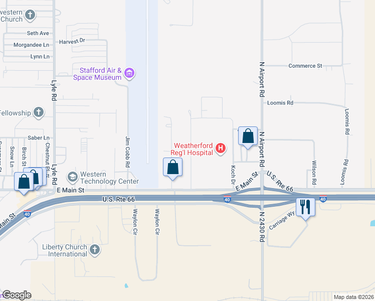 map of restaurants, bars, coffee shops, grocery stores, and more near 1415 Lewis Road in Weatherford