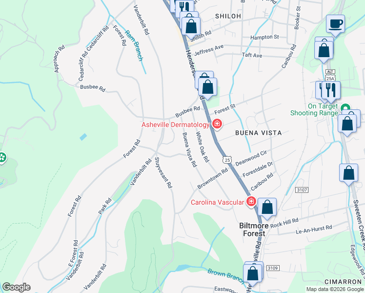 map of restaurants, bars, coffee shops, grocery stores, and more near 17 Buena Vista Road in Biltmore Forest